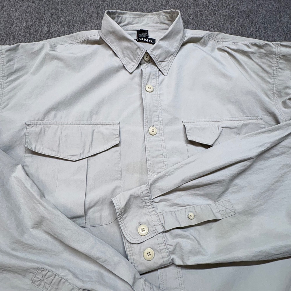 Simms Fishing‎ Shirt Mens XXL Tan Long Sleeve Cotton Button Up Cargo Pocket Gear
